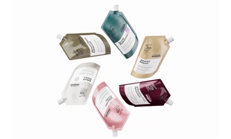 Presentation of the full L’Oréal refillable hair care range, showcasing sustainable and eco- friendly products for all hair types