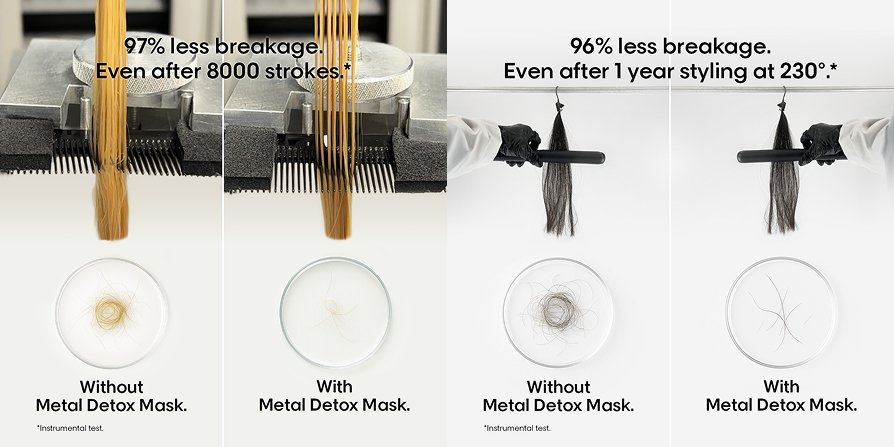 Comparison of hair with and without L’Oréal Metal Detox Hair Mask, 97% less breakage in a comb test for stronger, healthier hair.