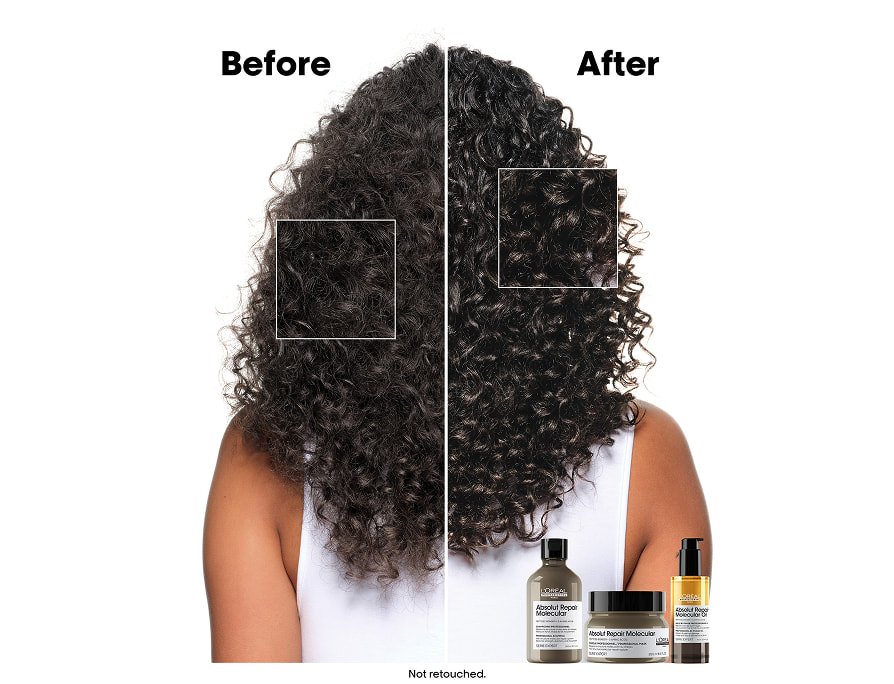 Before and after of a curly brown woman’s hair after using Absolut Repair Molecular Mask and bi-phase oil for shiny, defined curls.