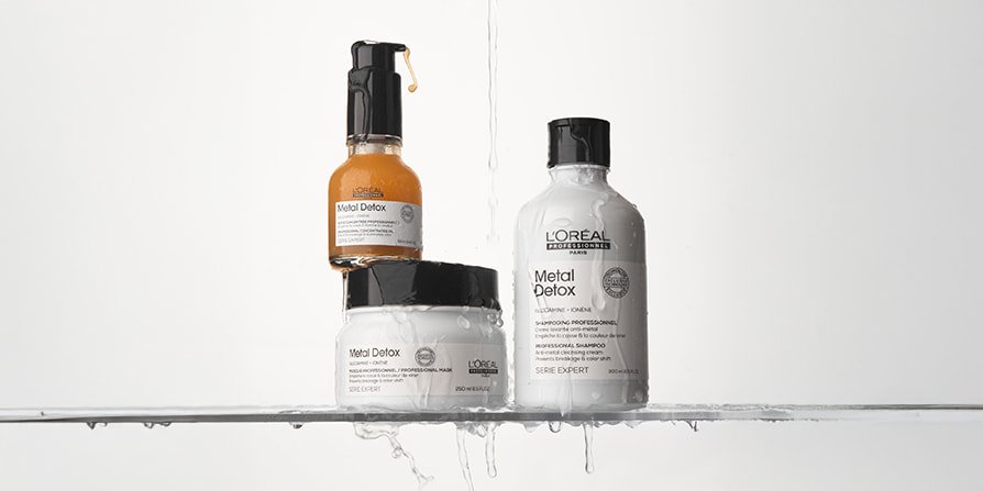 Packshot of the Metal Detox hair care routine, designed to protect and repair damaged, dry, and brittle hair for stronger results.