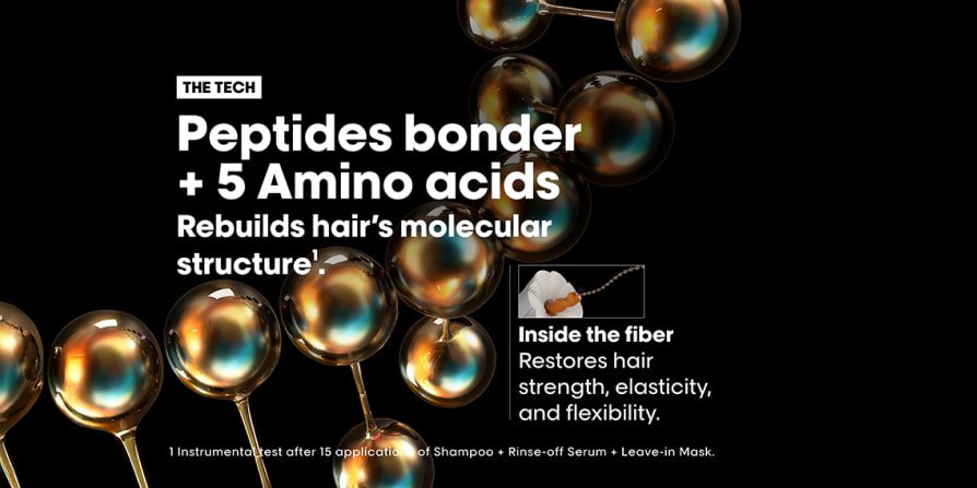 DNA-like structure illustrating peptide bonders and amino acids rebuilding the hair’s molecular structure, reinforcing fibers for stronger, healthier hair.