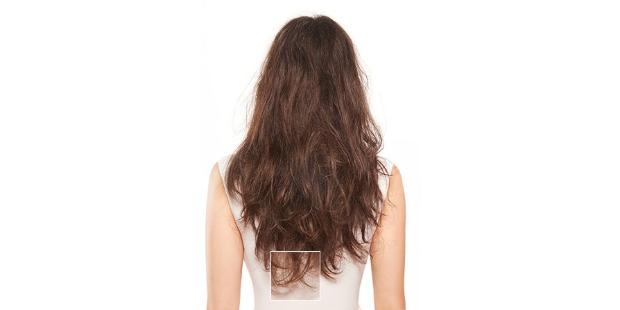 Before and after focusing on split ends of a woman with long brown hair, showing visibly smoother, healthier tips after targeted care.