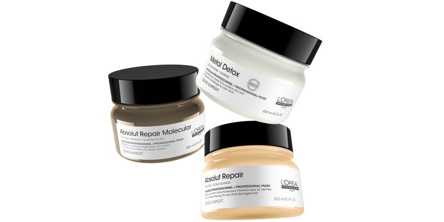 L’Oréal hair mask range presented together, highlighting targeted care that visibly repairs damaged hair and helps reduce split ends.