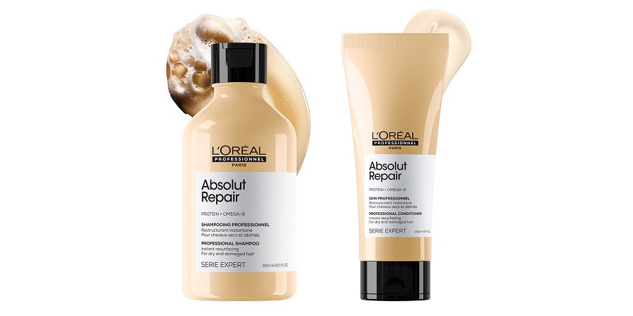 Absolut Repair range shampoo and conditioner, highlighting the importance of choosing the right products for a routine targeting dry and damaged hair.