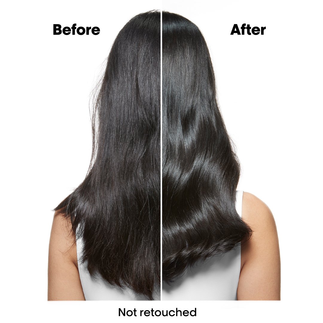 Before and after of a woman’s long black hair, visibly more radiant and healthy after using L'Oréal Professionnel anti-dandruff shampoo