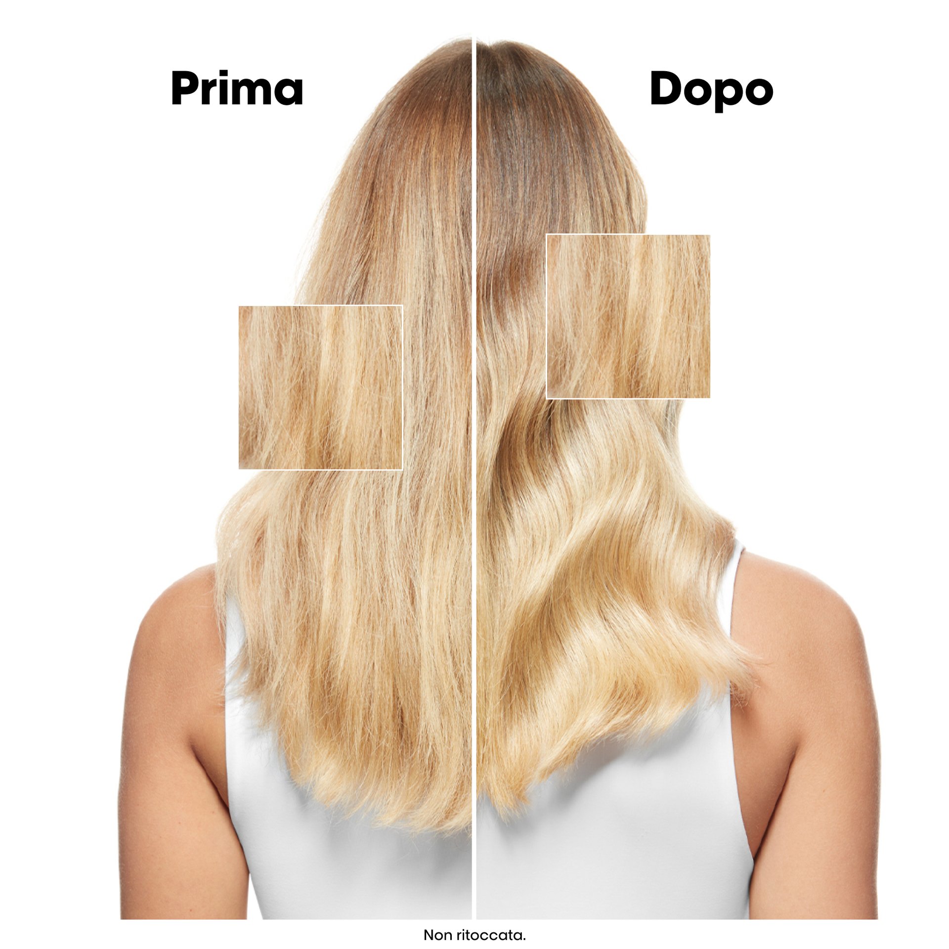 Before and after of hair after using Absolut Repair Molecular routine for visibly smoother, stronger, and healthier looking hair